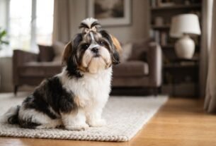 Fotografia de um cão Shih Tzu tricolor pequeno e peludo, com pelagem nas cores branco, preto e dourado, sentado em um tapete claro em uma sala de estar aconchegante. O pet possui um topete preso com um pequeno laço bege no topo da cabeça.