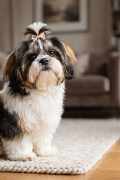 Fotografia de um cão Shih Tzu tricolor pequeno e peludo, com pelagem nas cores branco, preto e dourado, sentado em um tapete claro em uma sala de estar aconchegante. O pet possui um topete preso com um pequeno laço bege no topo da cabeça.