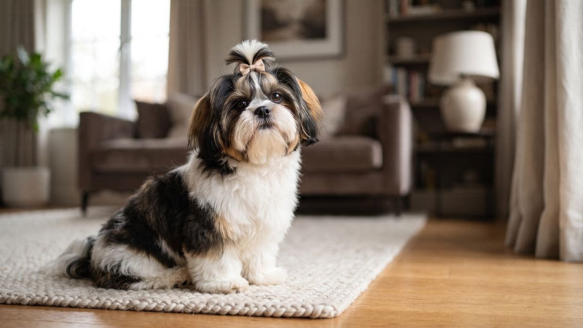 Fotografia de um cão Shih Tzu tricolor pequeno e peludo, com pelagem nas cores branco, preto e dourado, sentado em um tapete claro em uma sala de estar aconchegante. O pet possui um topete preso com um pequeno laço bege no topo da cabeça.