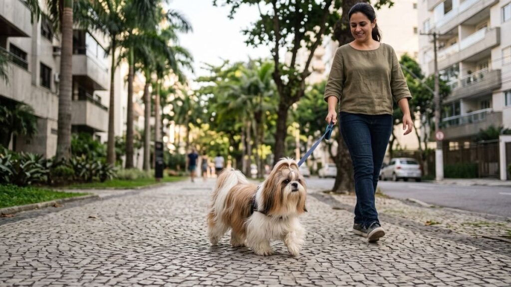 Por Que os Brasileiros Amam Tanto o Shih Tzu? 2 Por que os brasileiros amam o Shih Tzu: cão caminhando com tutor em área urbana