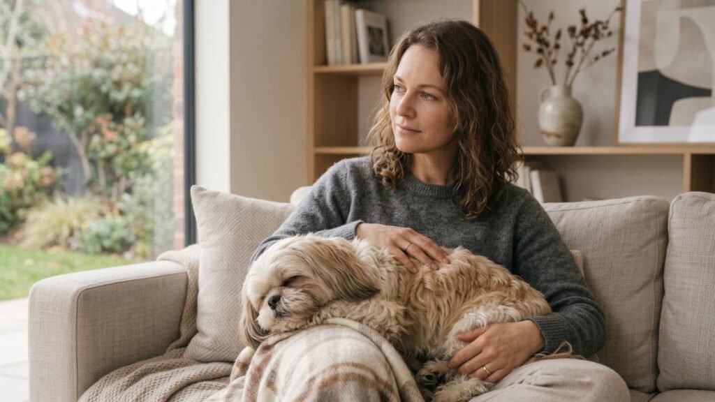 Shih Tzu repousa próximo ao tutor durante um momento de carinho