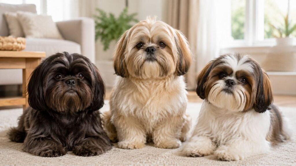 Shih Tzu Muda de Cor? Entenda as Mudanças da Pelagem 3 Três Shih Tzus com diferentes tonalidades e combinações naturais de pelagem