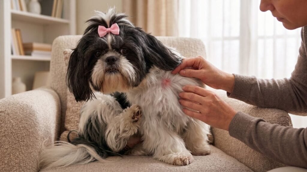 Shih Tzu Se Coçando Muito: O Que Pode Ser e O Que Fazer 2 Shih Tzu com coceira sendo examinado pelo tutor
