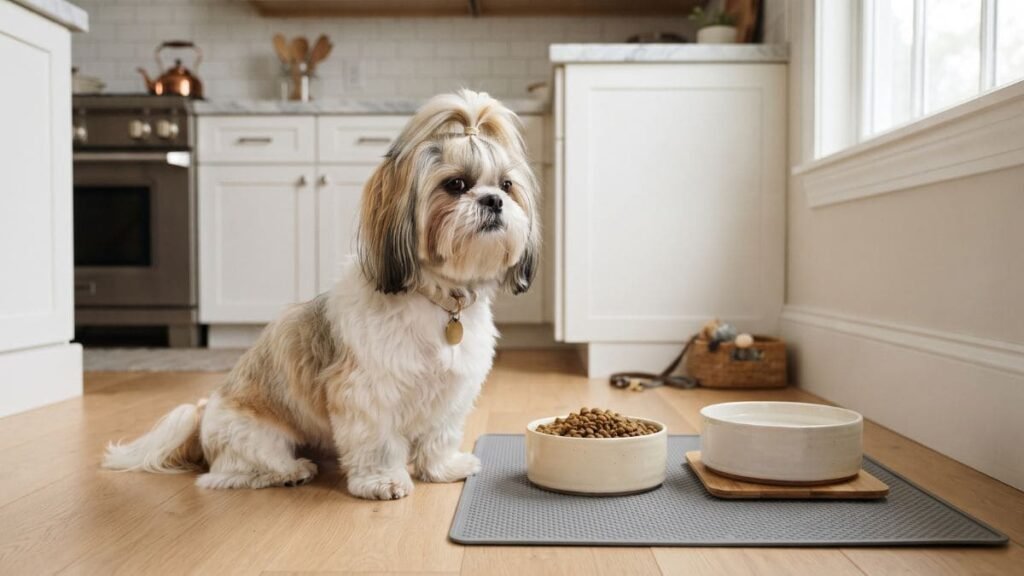 Alimentação do Shih Tzu com refeição adequada e água limpa em ambiente doméstico