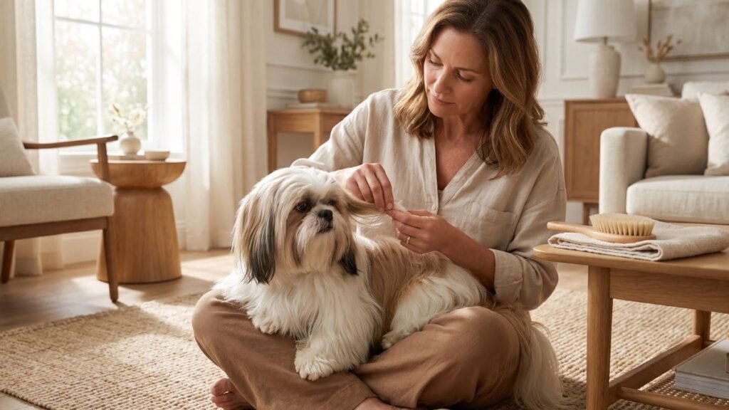 Shih Tzu Se Coçando Muito: O Que Pode Ser e O Que Fazer 4 Tutor examinando a pele de um Shih Tzu para observar sinais de coceira