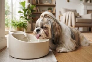 Bebedouro para Shih Tzu de pelos longos durante a hidratação