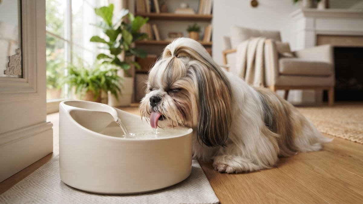 Bebedouro para Shih Tzu de pelos longos durante a hidratação