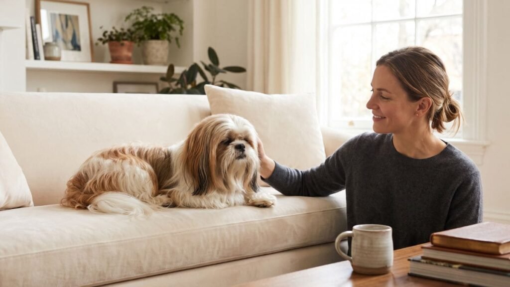 Shih Tzu saudável descansando ao lado do tutor após receber cuidados