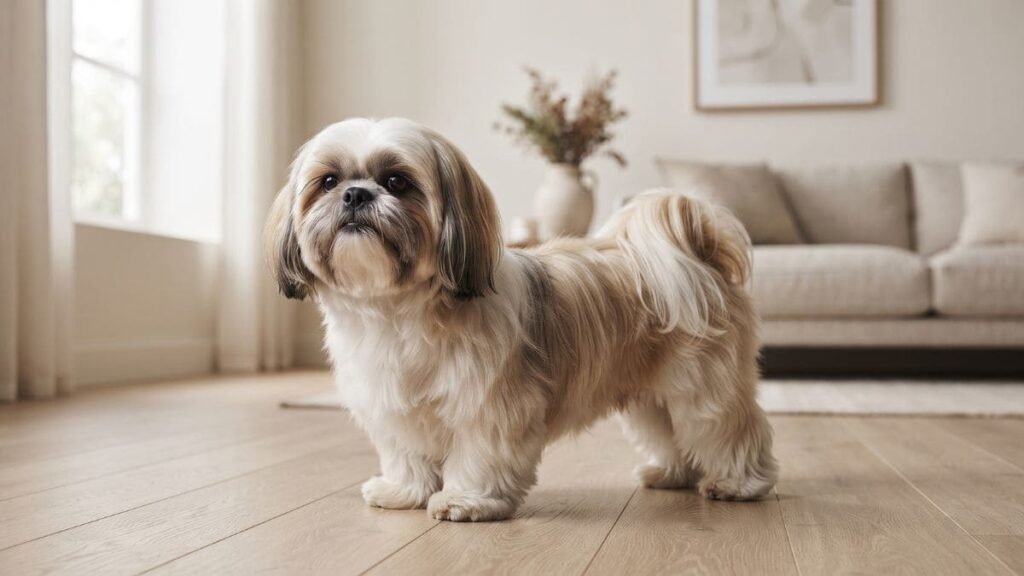 Características físicas do Shih Tzu adulto com pelagem longa e sedosa