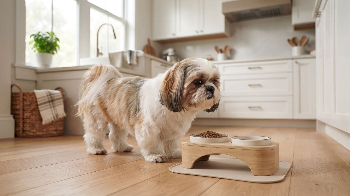 Comedouro para Shih Tzu adequado para um cão pequeno durante a refeição