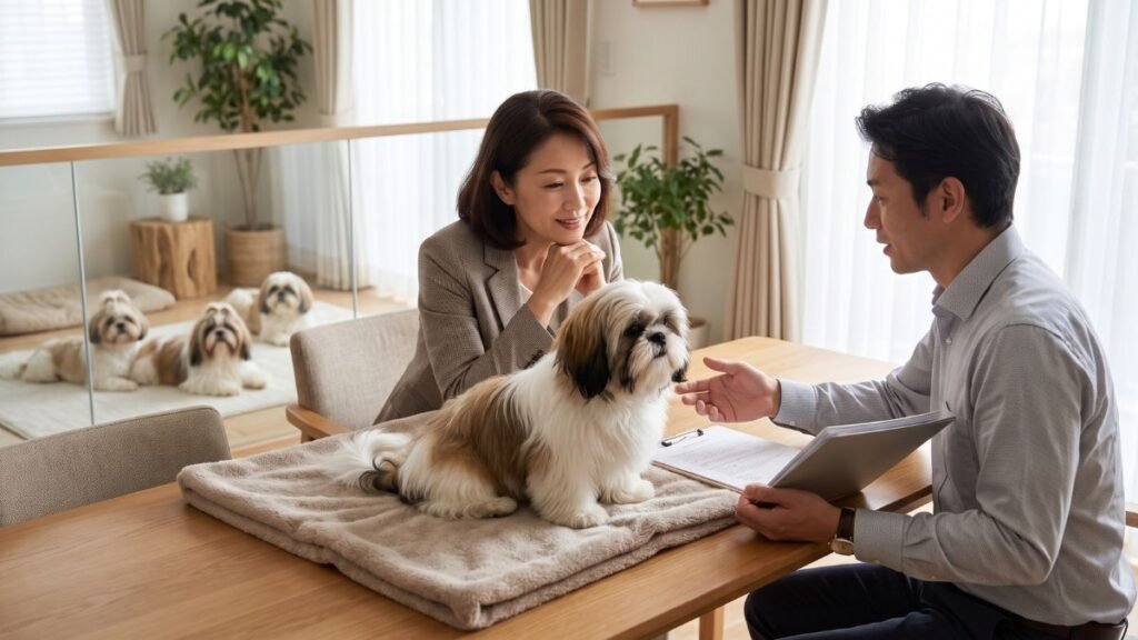 Shih Tzu Mini: Existe Mesmo? Entenda o Que Significa 5 Tutor avaliando um filhote de Shih Tzu mini com criador responsável