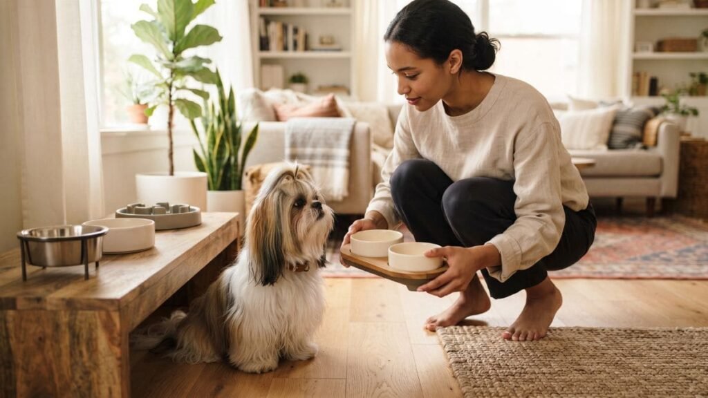 Comedouro para Shih Tzu: Como Escolher o Melhor Modelo 10 Pessoa escolhendo comedouro para Shih Tzu ao lado do cão
