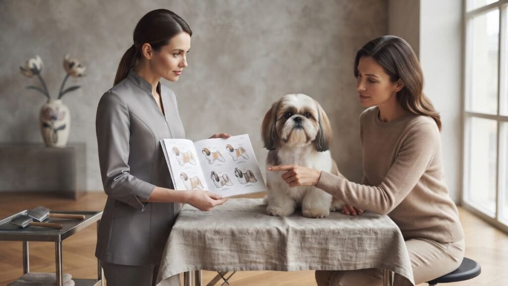 Tipos de Tosa para Shih Tzu: Conheça os Principais Cortes 6 Tutor conversa sobre os tipos de tosa para Shih Tzu antes do grooming