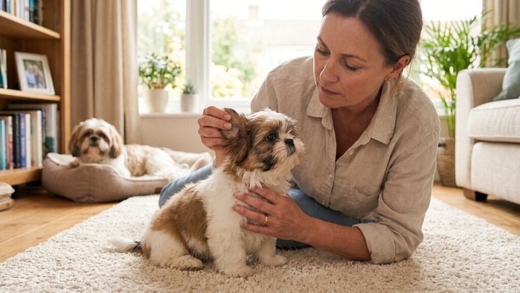 Shih Tzu Falso: Como Saber se o Cão é Puro? 5 Pessoa avaliando filhote de Shih Tzu antes da compra