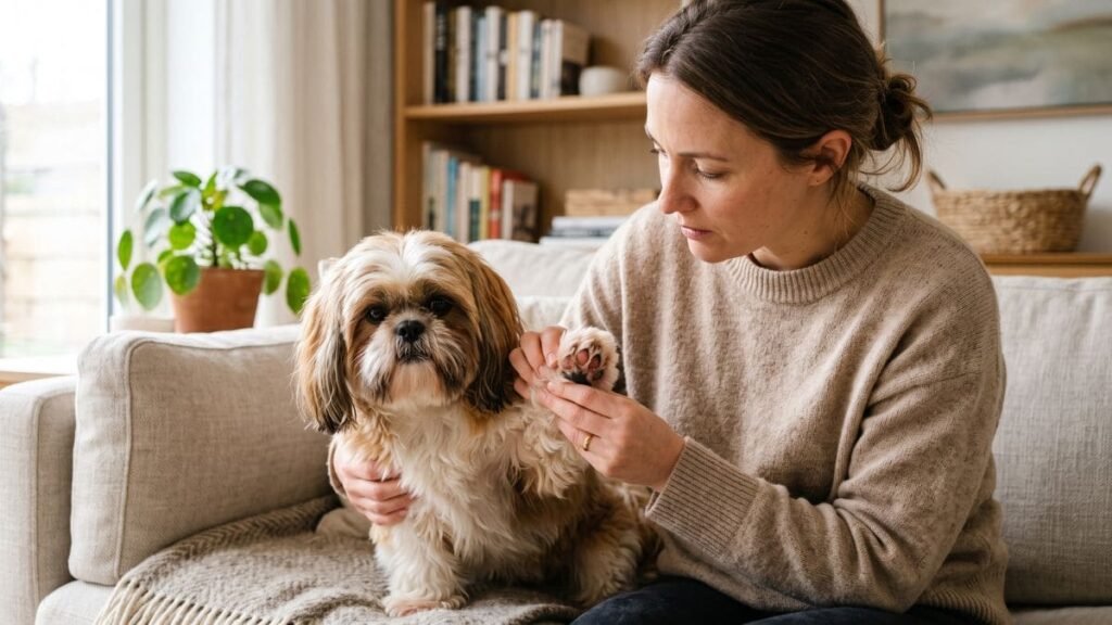 Shih Tzu Lambendo a Pata: Entenda as Causas e Saiba o Que Fazer 2 Pessoa examinando a pata de um Shih Tzu para verificar sinais de irritação