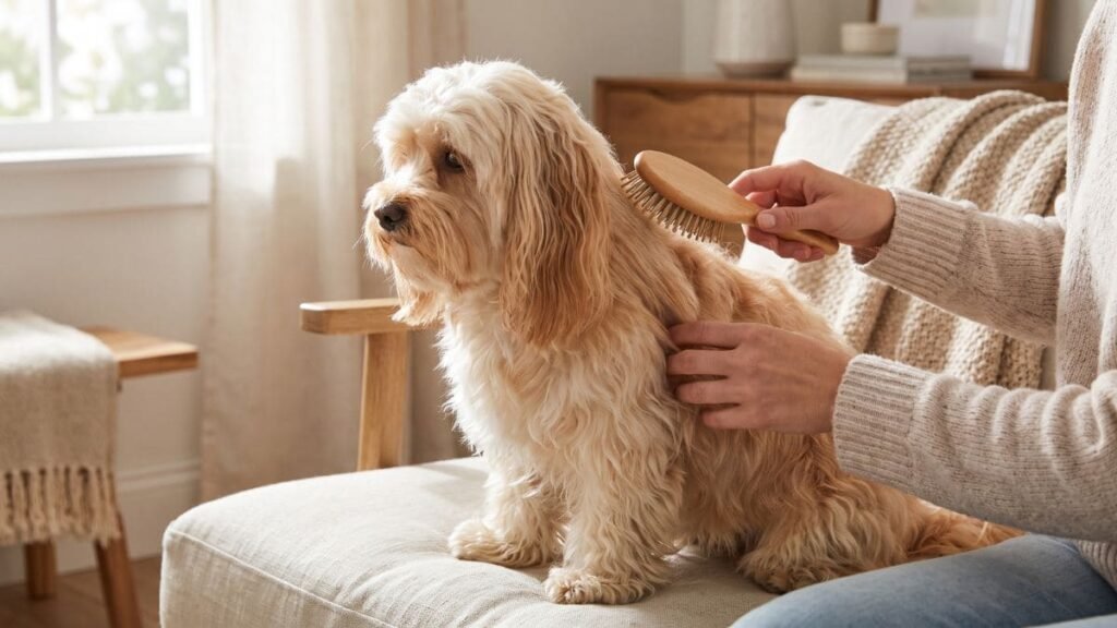 Shih Tzu com Poodle: Como é Essa Mistura? 3 Tutor escovando a pelagem de um Shih-Poo