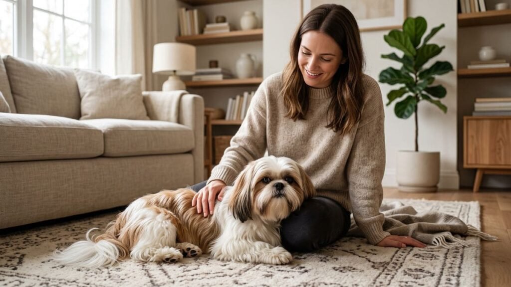 Shih Tzu Lambendo a Pata: Entenda as Causas e Saiba o Que Fazer 4 Shih Tzu saudável recebendo carinho do tutor após cuidados com as patas
