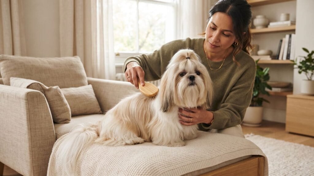 Cuidados com Shih Tzu durante escovação delicada da pelagem em casa