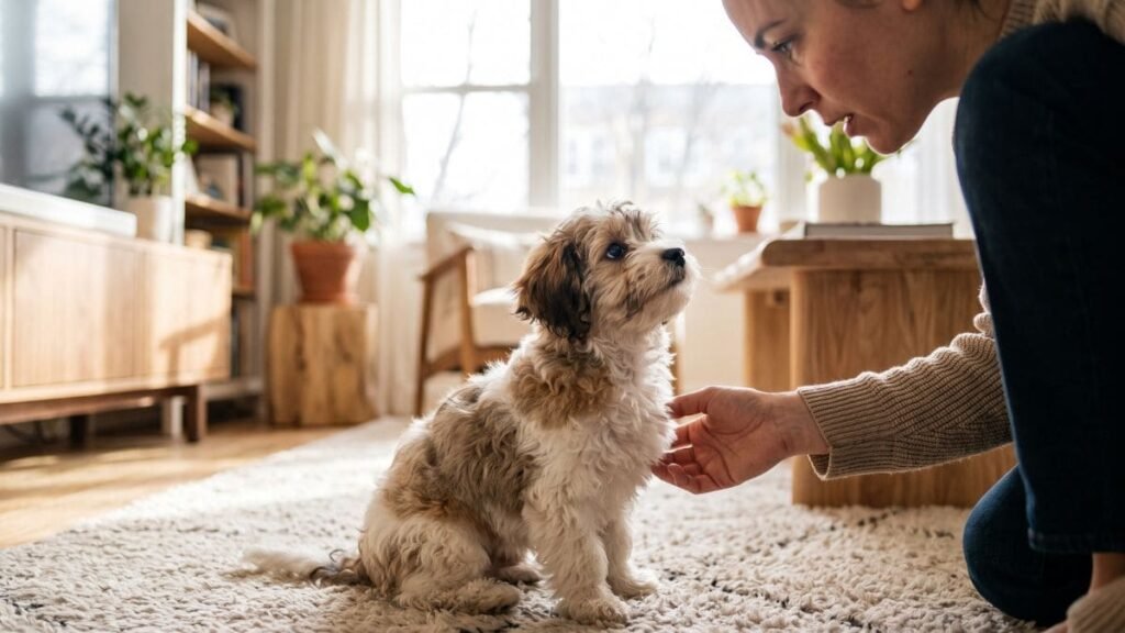 Shih Tzu com Poodle: Como é Essa Mistura? 5 Filhote de Shih Tzu com Poodle sendo observado por um tutor
