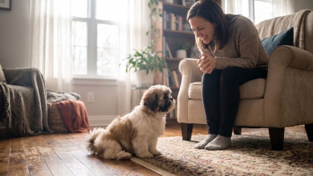 Shih Tzu Mini: Existe Mesmo? Entenda o Que Significa 4 Filhote de Shih Tzu mini sendo observado pelo tutor durante o crescimento