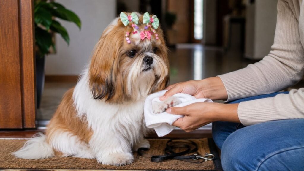 Shih Tzu Lambendo a Pata: Entenda as Causas e Saiba o Que Fazer 3 Tutor limpando e secando a pata de um Shih Tzu após o passeio