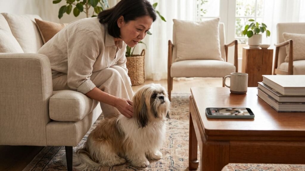 Tutor observando sinais de tremor e comportamento de um Shih Tzu