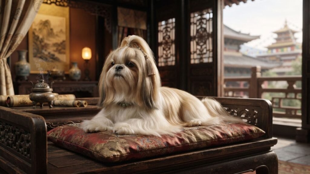 Origem e história do Shih Tzu representadas por cão da raça em ambiente inspirado na antiga Ásia