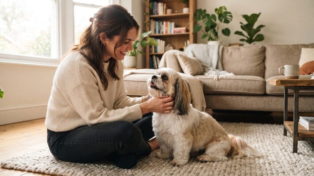 Personalidade do Shih Tzu demonstrada durante interação carinhosa com o tutor