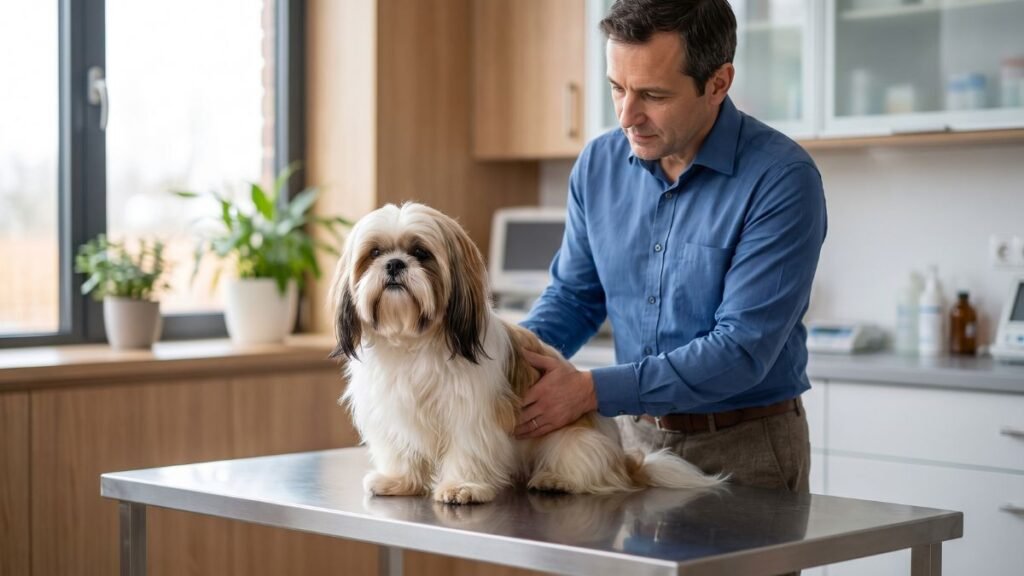 Shih Tzu Mini: Existe Mesmo? Entenda o Que Significa 3 Veterinário examinando um Shih Tzu mini saudável durante consulta