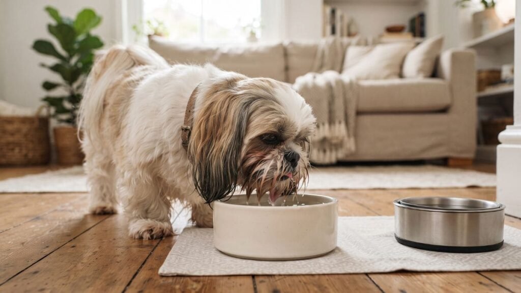 Bebedouro para Shih Tzu: Como Escolher o Melhor Modelo 2 Shih Tzu bebendo água em tigela tradicional com pelos próximos à água