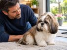 Shih Tzu com diarreia sendo observado pelo tutor em casa