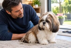Shih Tzu com diarreia sendo observado pelo tutor em casa