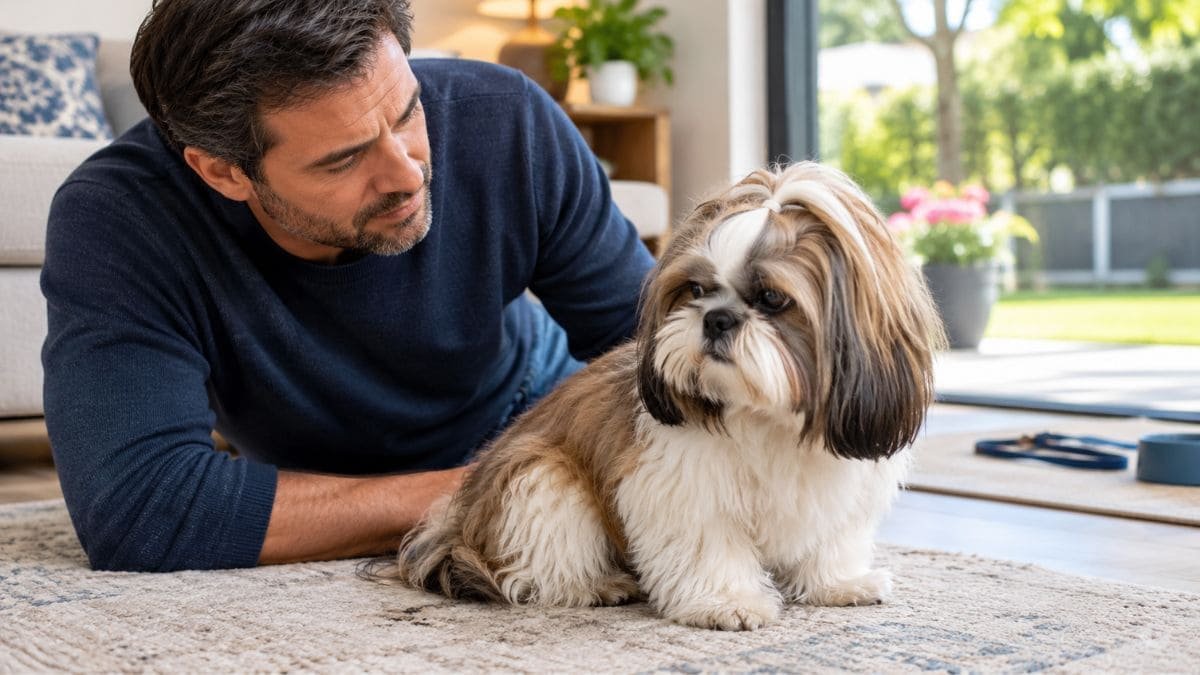 Shih Tzu com Diarreia: O Que Pode Ser e O Que Fazer 1 Shih Tzu com diarreia sendo observado pelo tutor em casa