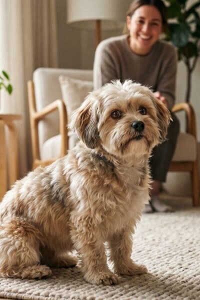 Shih Tzu com Poodle, conhecido como Shih-Poo, em ambiente residencial