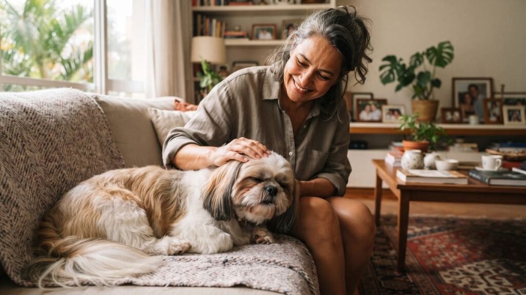Seu Shih Tzu Sabe Quando Você Está Triste? 5 Shih Tzu e tutor em momento de convivência e proximidade