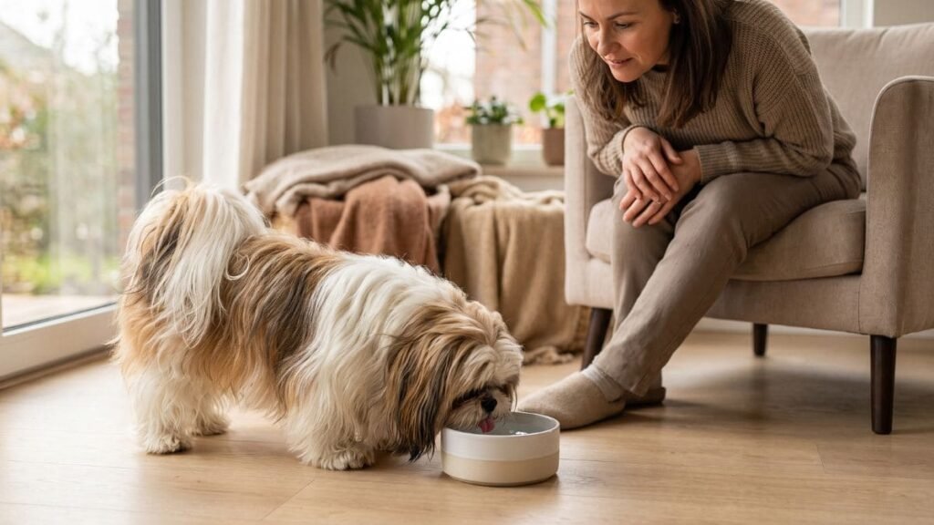 Shih Tzu com Diarreia: O Que Pode Ser e O Que Fazer 3 Shih Tzu bebendo água durante um episódio de diarreia