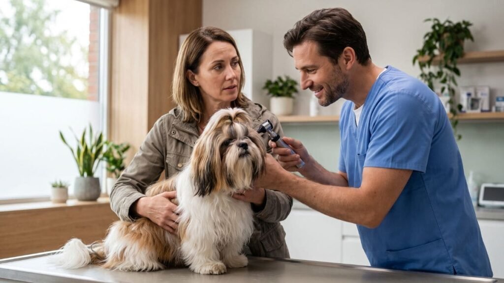 Shih Tzu com Diarreia: O Que Pode Ser e O Que Fazer 4 Shih Tzu com diarreia sendo avaliado por veterinário