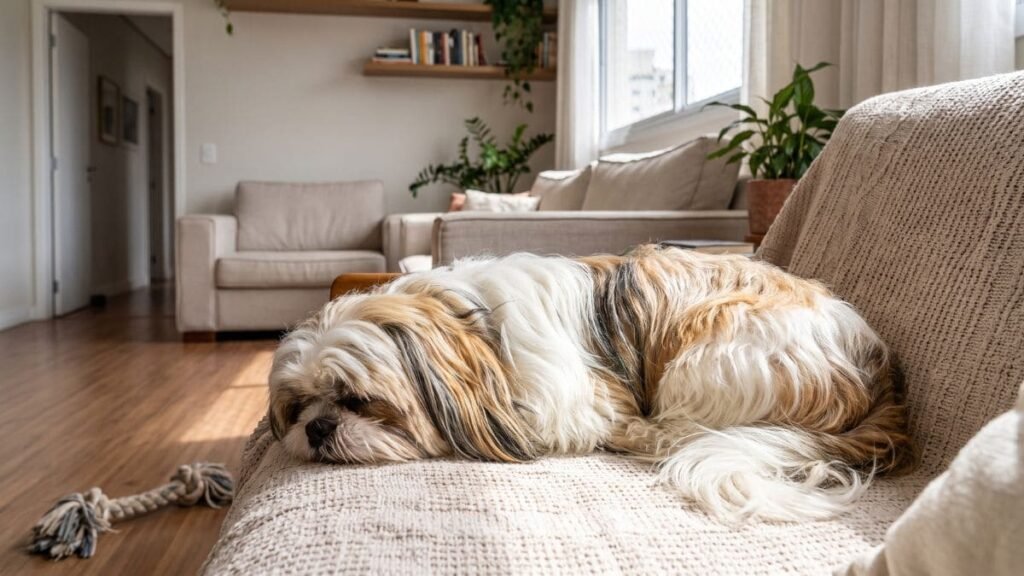 Shih Tzu dormindo durante o dia após atividades na rotina