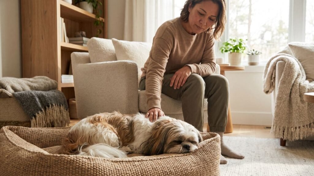 Tutor observando um Shih Tzu que está dormindo muito