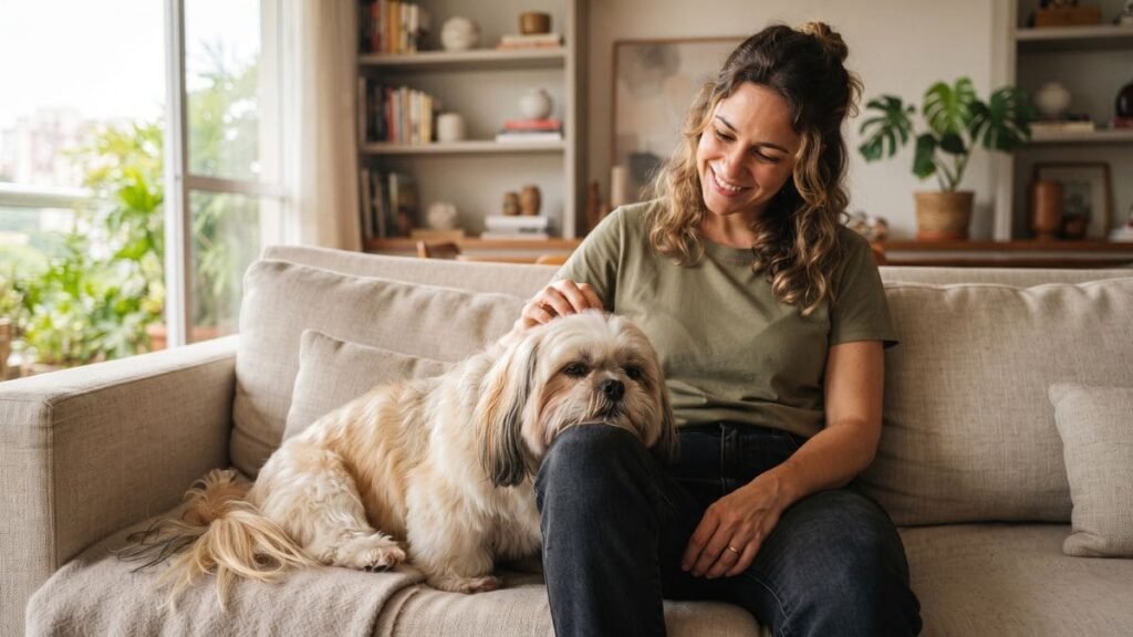 Seu Shih Tzu Sabe Quando Você Está Triste? 4 Shih Tzu encosta a cabeça na perna do tutor
