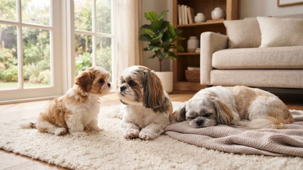 Shih Tzu filhote, adulto e idoso representando diferentes fases da vida