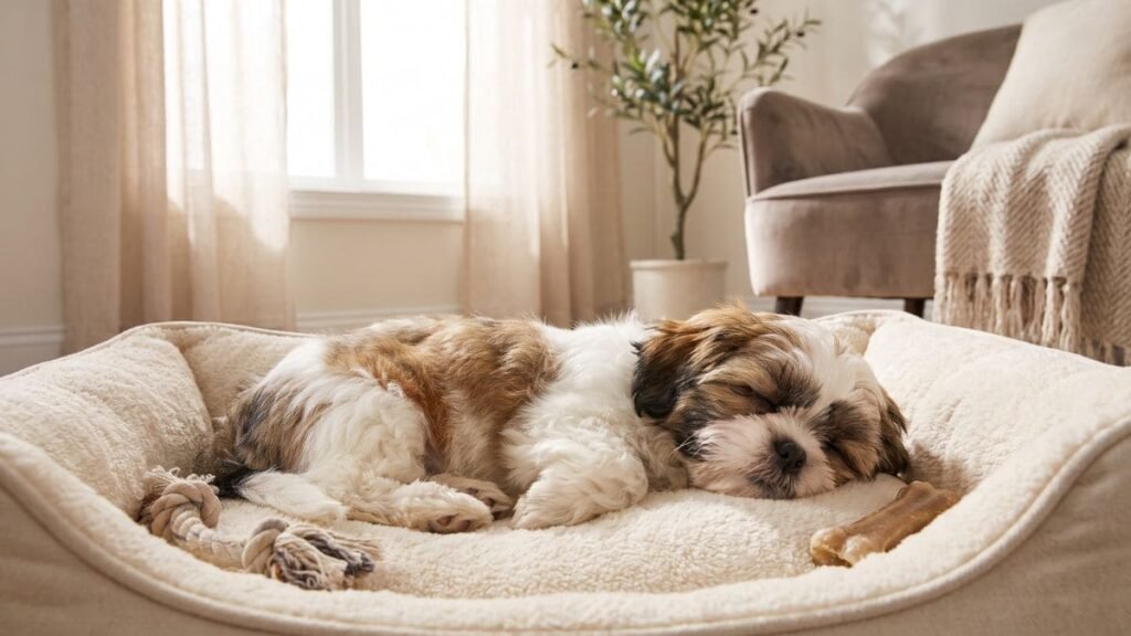 Shih Tzu filhote dormindo tranquilamente após brincar