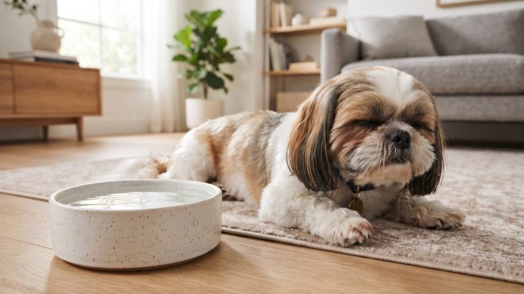 Bebedouro para Shih Tzu: Como Escolher o Melhor Modelo 9 Shih Tzu hidratado ao lado de bebedouro com água limpa