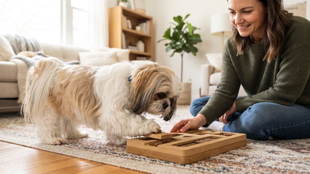 Shih Tzu Personalidade: Como é o Jeito Dessa Raça? 2 Shih Tzu inteligente e brincalhão durante atividade com brinquedo