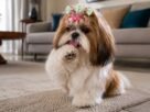 Shih Tzu lambendo a pata em ambiente residencial