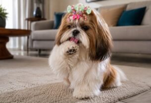 Shih Tzu lambendo a pata em ambiente residencial