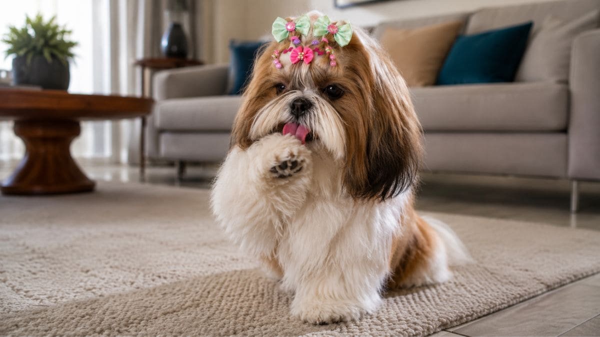 Shih Tzu Lambendo a Pata: Entenda as Causas e Saiba o Que Fazer 1 Shih Tzu lambendo a pata em ambiente residencial