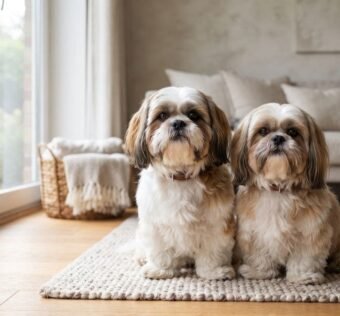 Shih Tzu macho ou fêmea lado a lado em ambiente residencial