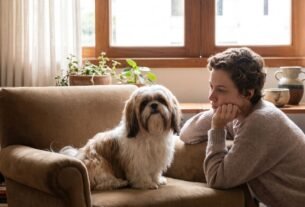 Shih Tzu mini adulto saudável ao lado do tutor em ambiente doméstico