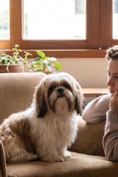 Shih Tzu mini adulto saudável ao lado do tutor em ambiente doméstico